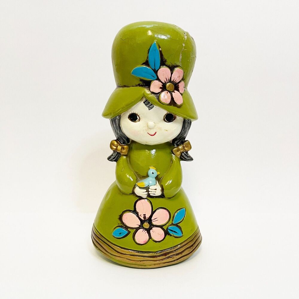 Holiday Fair Chalkware 1968 Flower Power Mod Girl Coin Bank Green Painted Japan